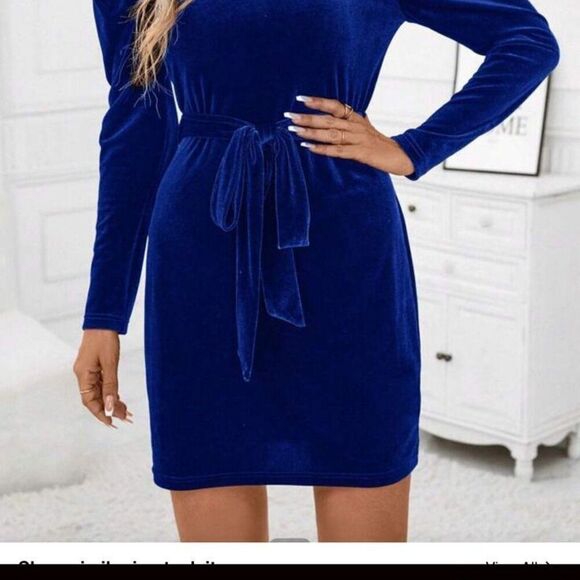 SHEIN blue turquoise velvet long sleeve puff shoulder belted short dress M NWOT - Picture 2 of 9